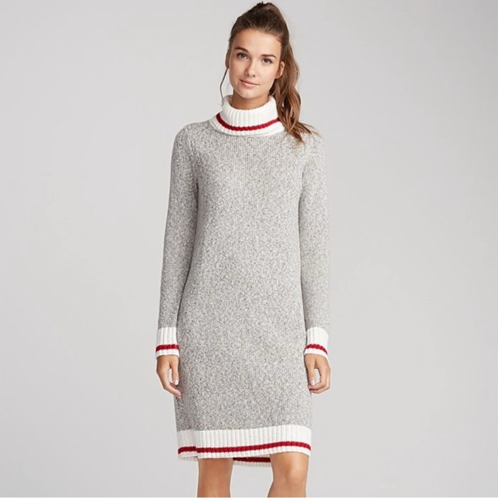 TWIK | L | Gray Knit Sweater Dress with Cowl Neck, Red White Accents